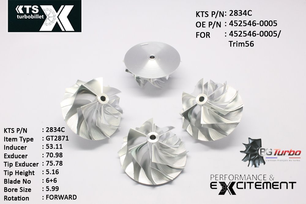 Turbo ROUE FORGÉE MFS PERFORMANCE - 6+6 PALES - INDUCER : 53,11 - EXDUCER : 70,98 - TYPE : GT2871ANGLE : 60° - ROTATION : Forward - SUPER BACK : 2,32 - BORE SIZE : 5,99
